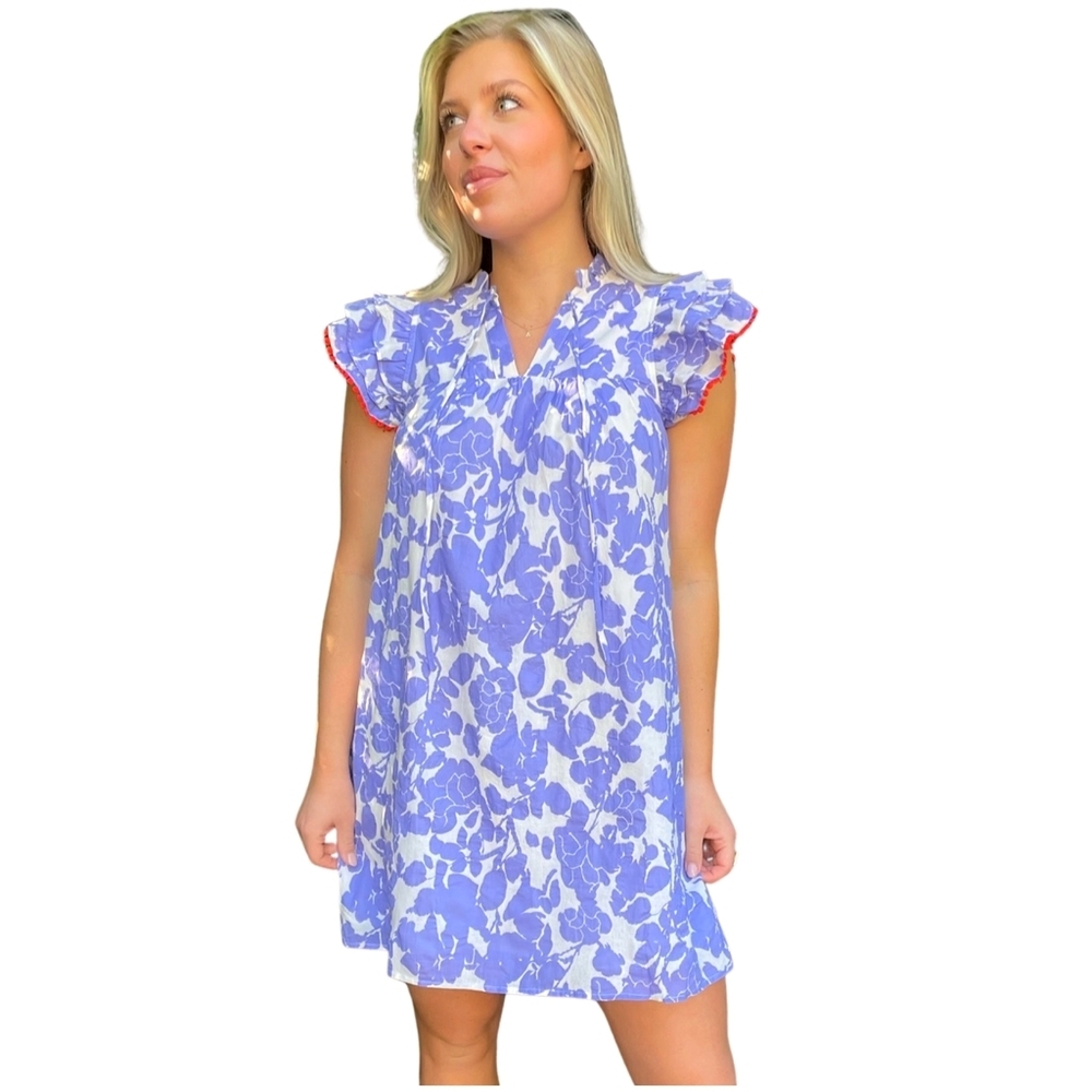 THML White and Lavender Floral Cap-Sleeve Shift Dress with Coral Trim